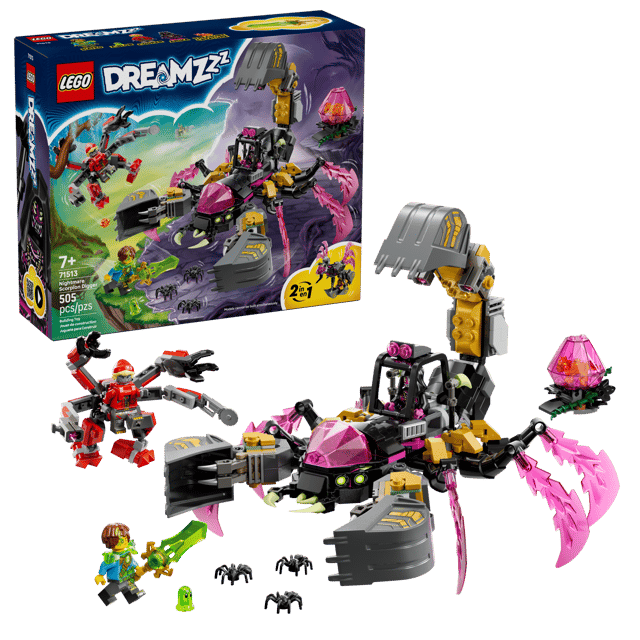 LEGO DREAMZzz: Nightmare Scorpion Digger set with building pieces and packaging on a white background
