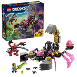 LEGO DREAMZzz: Nightmare Scorpion Digger set with building pieces and packaging on a white background