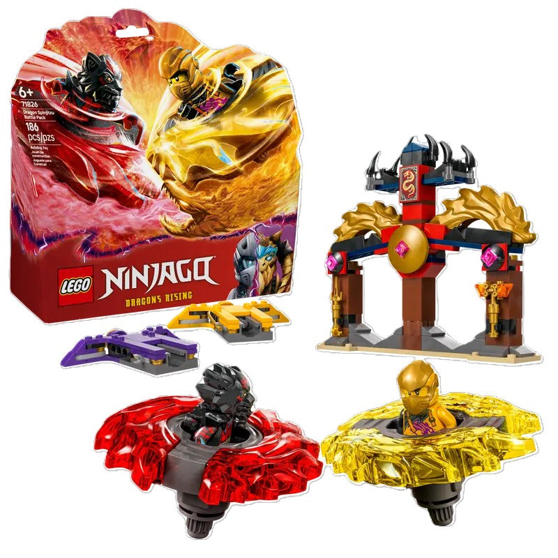 71826 LEGO® Dragon Spinjitzu Battle Pack featuring two spinning tops with dragon designs, two minifigures in battle poses, and an archway playset, perfect for building toy enthusiasts.