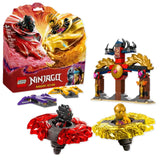 71826 LEGO® Dragon Spinjitzu Battle Pack featuring two spinning tops with dragon designs, two minifigures in battle poses, and an archway playset, perfect for building toy enthusiasts.