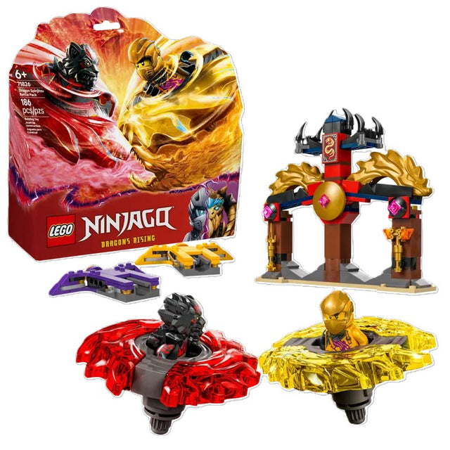 71826 LEGO® Dragon Spinjitzu Battle Pack featuring two spinning tops with dragon designs, two minifigures in battle poses, and an archway playset, perfect for building toy enthusiasts.