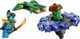 LEGO Ninjago: Nya vs. Mutation Monster Spinner figure with blue mask and yellow weapon, green character with brown hat on blue platform, and blue and gray vehicle on transparent background.