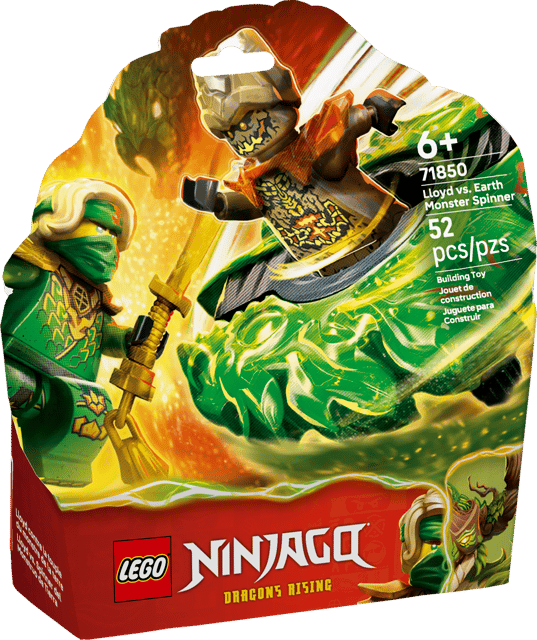 LEGO Ninjago: Lloyd vs. Earth Monster Spinner packaging with character and dragon design on a green background