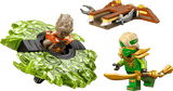 LEGO Ninjago: Lloyd vs. Earth Monster Spinner figure with green outfit and helmet, surrounded by a green vehicle-like object on a transparent background.