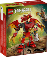 LEGO Ninjago: Kai's Dragon Mech Battle Pack set packaging with red dragon figure and characters on a wooden platform.