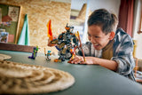 Child playing with LEGO Ninjago: Cole's Mission Mech & Dragon Zane figures at a table in a home setting