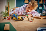 Child playing with LEGO Ninjago: Jay's Transforming Car vehicle on a wooden table