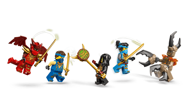 Five LEGO Ninjago: Jay's Transforming Car minifigures with various weapons on a transparent background