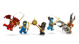Five LEGO Ninjago: Jay's Transforming Car minifigures with various weapons on a transparent background