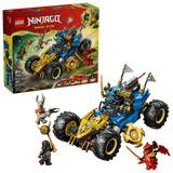 LEGO Ninjago: Jay's Transforming Car set with vehicles and figures in front of its packaging