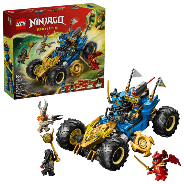 LEGO Ninjago: Jay's Transforming Car set with vehicles and figures in front of its packaging