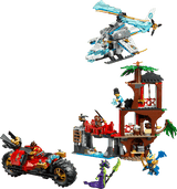 LEGO Ninjago: Ninja Vehicle Tree House Battle set with a helicopter, tree house, and various characters on a transparent background