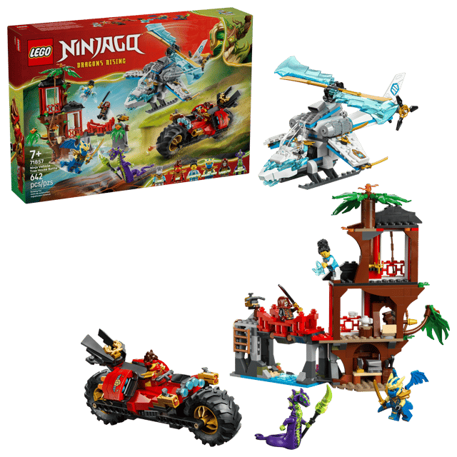 LEGO Ninjago: Ninja Vehicle Tree House Battle set with packaging, vehicles, and characters on a white background