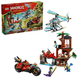 LEGO Ninjago: Ninja Vehicle Tree House Battle set with packaging, vehicles, and characters on a white background