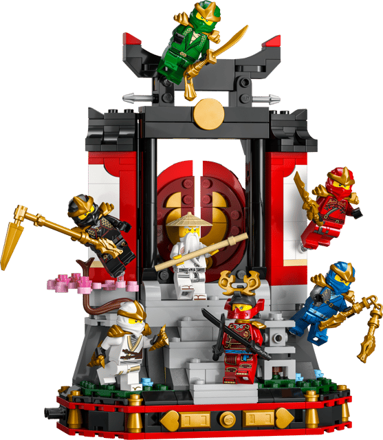 LEGO Ninjago: Ninja Character Display 15th Anniversary set with various characters and a temple-like structure on a transparent background