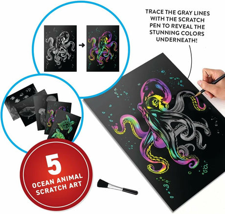 VR Oceans Discover Kit with ocean animal designs, a scratch pen, and revealed colorful artwork.