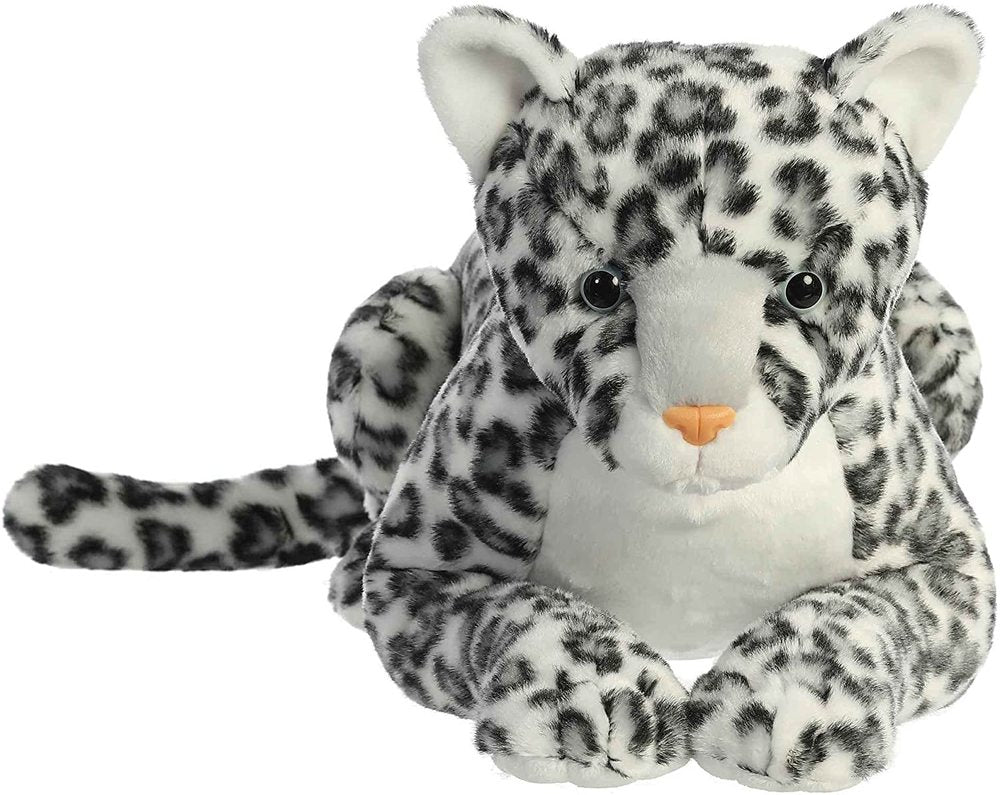 Plush toy leopard with black and white pattern on a white background