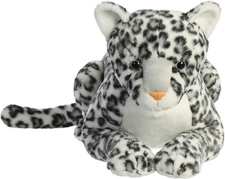 Plush toy leopard with black and white pattern on a white background