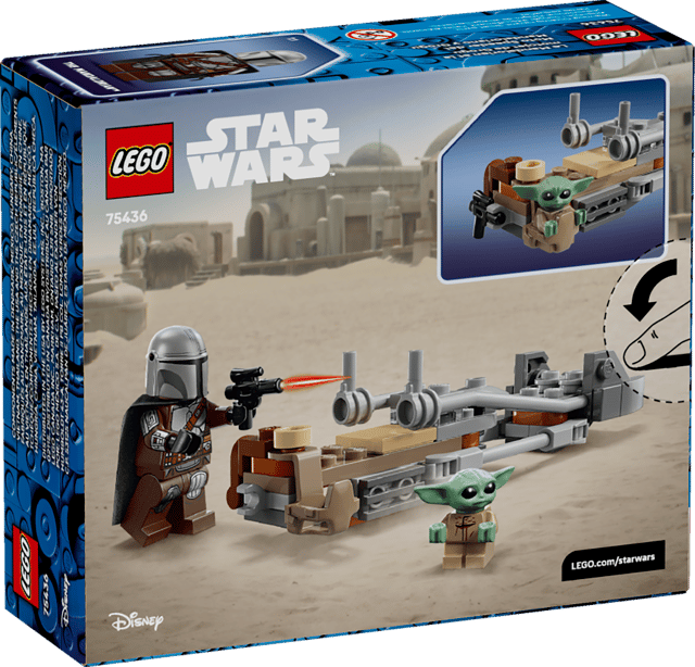 LEGO Star Wars: The Mandalorian & Grogu's Speeder Bike™ set packaging with characters and vehicle on a desert landscape background