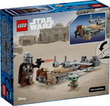 LEGO Star Wars: The Mandalorian & Grogu's Speeder Bike™ set packaging with characters and vehicle on a desert landscape background