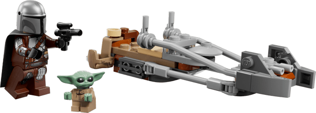 LEGO Star Wars: The Mandalorian & Grogu's Speeder Bike™ set with characters from 'The Mandalorian' and 'Baby Grogu' on a transparent background