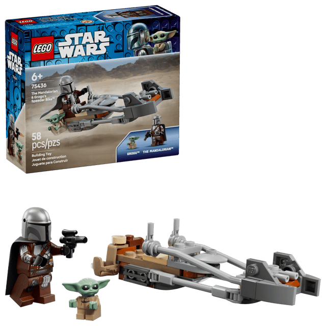 LEGO Star Wars: The Mandalorian & Grogu's Speeder Bike™ set with packaging displaying 'The Mandalorian' and 'Baby Grogu'.