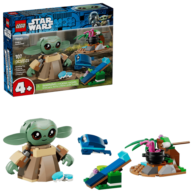 LEGO Star Wars: Grogu's Homestead set with 'Baby Grogu' figure and accessories on a clear background