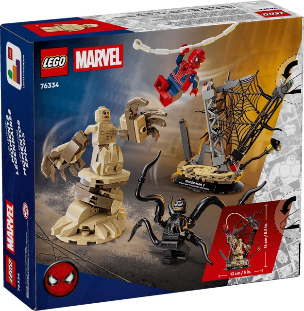 LEGO Super Heroes Marvel: Epic Battle: Spider-Man vs. Sandman set packaging with Spider-Man figure and other characters.