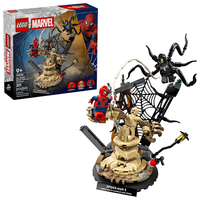 LEGO Super Heroes Marvel: Epic Battle: Spider-Man vs. Sandman set with packaging on a white background