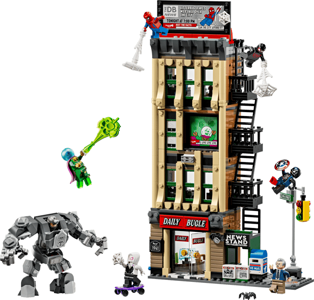 LEGO Super Heroes Marvel: Spider-Man vs. Mysterio: The Daily Bugle set with various characters and elements on a transparent background