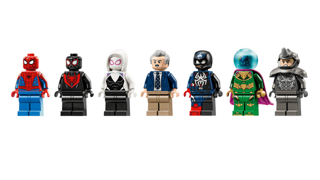 LEGO Super Heroes Marvel: Spider-Man vs. Mysterio: The Daily Bugle Line-up of various superhero and villain LEGO figures on a transparent background