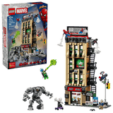 LEGO Super Heroes Marvel: Spider-Man vs. Mysterio: The Daily Bugle set with packaging, figures, and detailed building model on a clear background