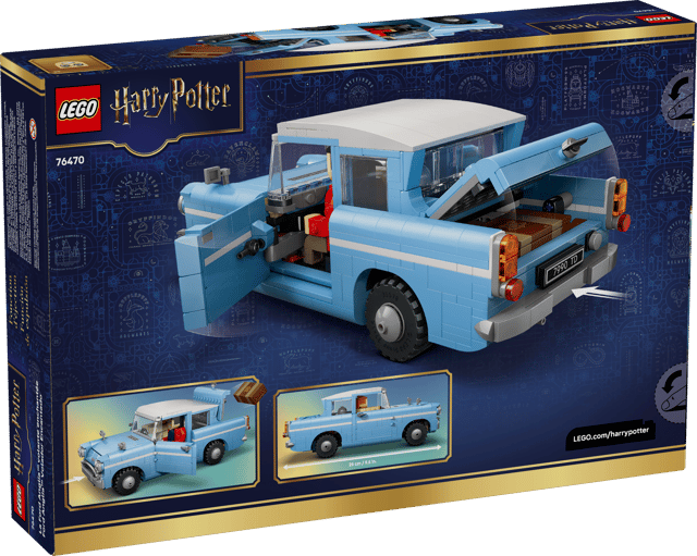 LEGO Harry Potter: Enchanted Flying Ford Anglia™ set packaging with blue truck and detailed design.