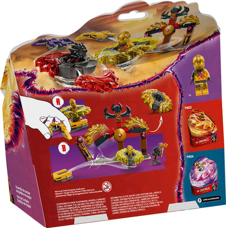 Back of the 71826 LEGO® Dragon Spinjitzu Battle Pack box showing instructions for assembling and spinning the battle spinner with detailed images of included minifigures and accessories.