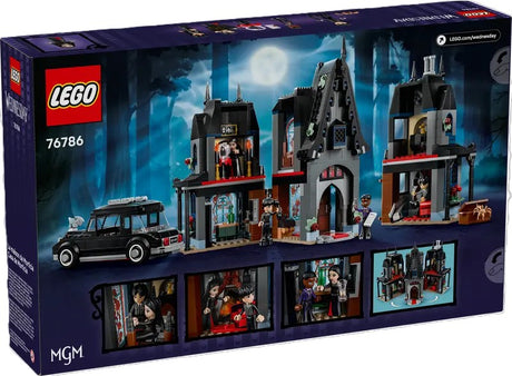 LEGO 'Wednesday' set with gothic house and characters, including packaging.