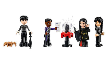 LEGO 'Wednesday' set with gothic house and characters, including packaging.