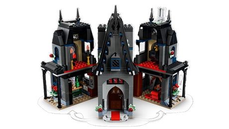 LEGO 'Wednesday' set with gothic house and characters, including packaging.