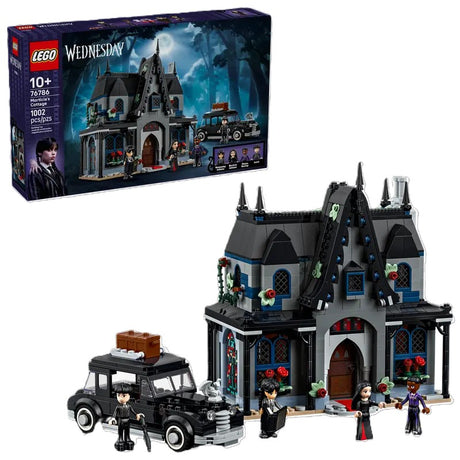 LEGO 'Wednesday' set with gothic house and characters, including packaging.