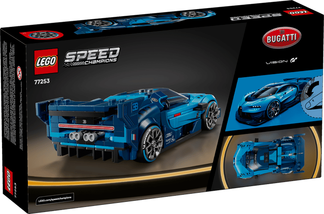 LEGO Speed Champions: Bugatti Vision GT Hyper Sports Car packaging with blue car illustration.