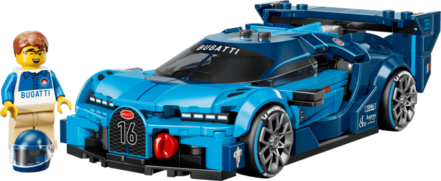 Blue LEGO Speed Champions: Bugatti Vision GT Hyper Sports Car toy with a small figure on a transparent background