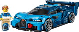 Blue LEGO Speed Champions: Bugatti Vision GT Hyper Sports Car toy with a small figure on a transparent background