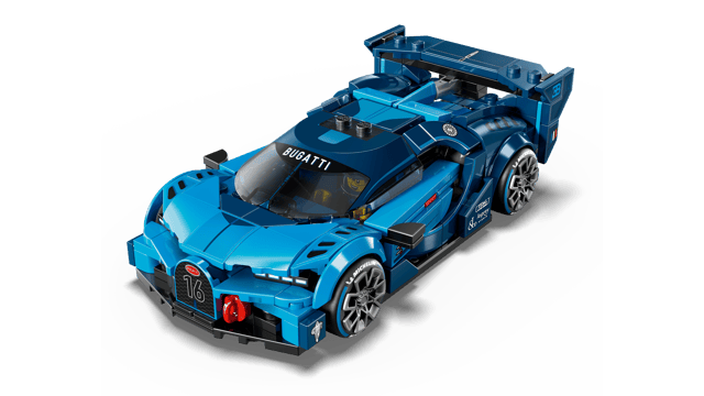 Blue toy LEGO Speed Champions: Bugatti Vision GT Hyper Sports Car on a transparent background