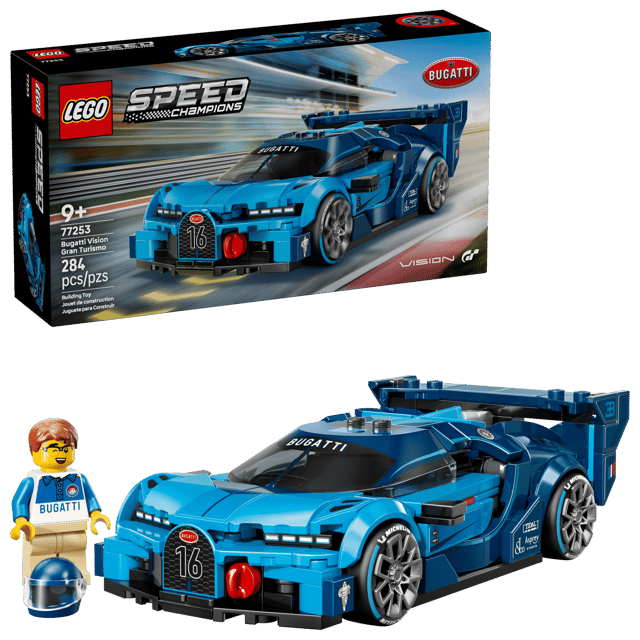 LEGO Speed Champions: Bugatti Vision GT Hyper Sports Car set with packaging and figure on a white background