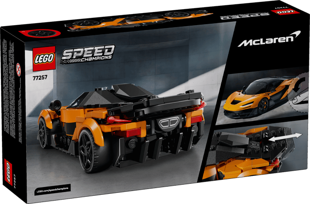 LEGO Speed Champions: McLaren W1 set packaging with car images on a black background