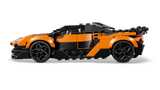 Orange and black LEGO Speed Champions: McLaren W1 car model made of interlocking bricks on a transparent background