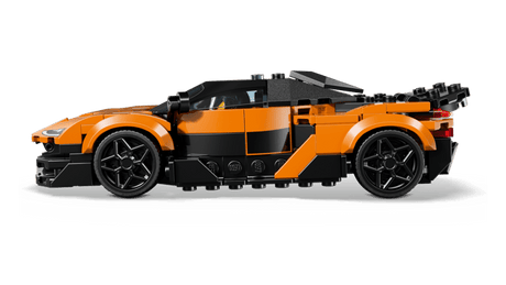 Orange and black LEGO Speed Champions: McLaren W1 car model made of interlocking bricks on a transparent background