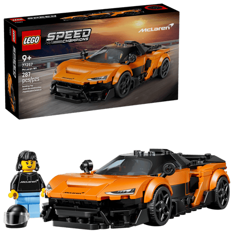LEGO Speed Champions: McLaren W1 set with packaging and assembled model on a white background