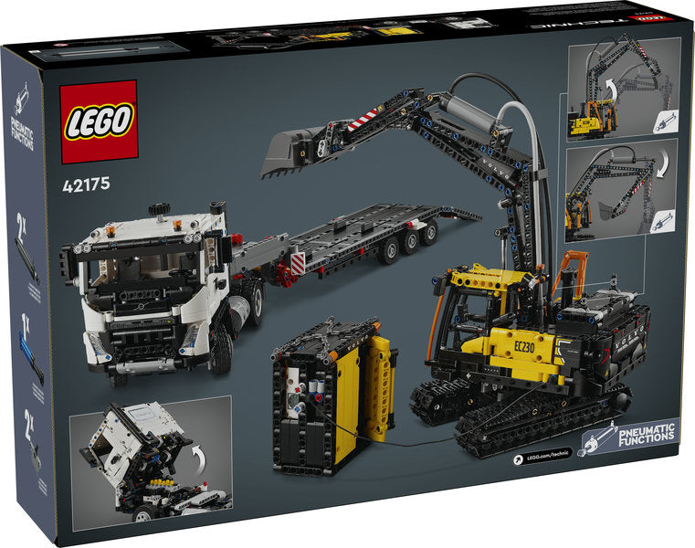 Box packaging of the 42175 LEGO® Volvo FMX Truck & EC230 Electric Excavator construction toys set featuring detailed models of a Volvo FMX truck and an EC230 electric excavator with pneumatic functions.
