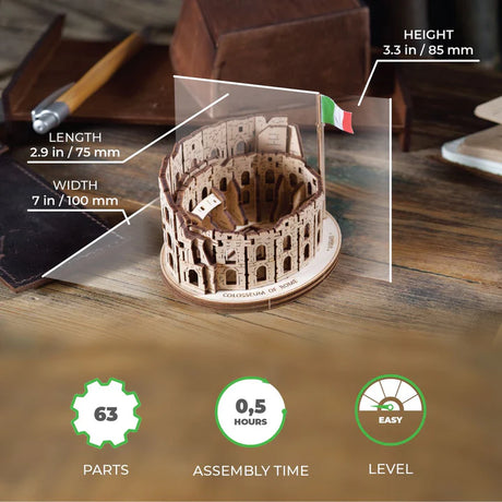 Wooden UGears Rome Colosseum 3D Wooden Model Kit with assembly instructions on a wooden surface.