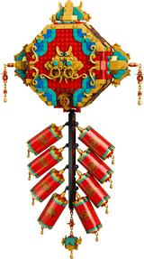 LEGO Chinese Festivals: Fortune Firecracker with red base, gold accents, and blue and green decorative elements on a transparent background.